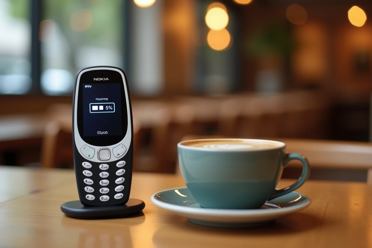 Nokia 3310 en charge dans un café avec indicateur de batterie visible, autonomie et performance illustrées