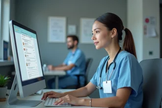 Nouvelle employée hospitalière consultant la messagerie APHP sur son ordinateur de bureau dans un bureau administratif d'hôpital
