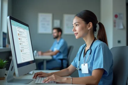 Nouvelle employée hospitalière consultant la messagerie APHP sur son ordinateur de bureau dans un bureau administratif d'hôpital
