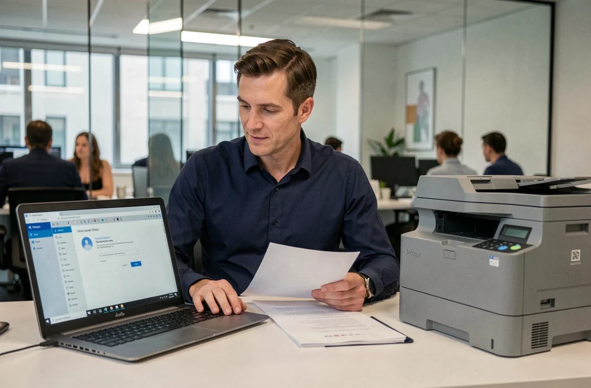 Homme numérisant un document depuis une imprimante connectée à un ordinateur Windows en entreprise