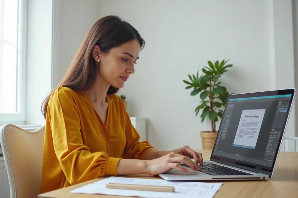 Jeune femme configurant les paramètres de pixels et de DPI pour un document A4 dans un bureau minimaliste