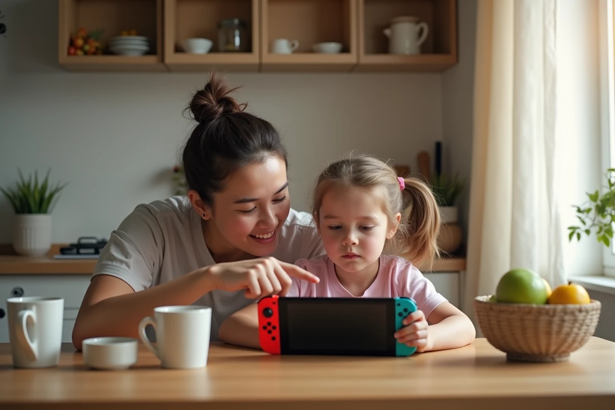 Parent accompagnant sa fille dans l'utilisation de la Nintendo Switch avec contrôle parental Roblox