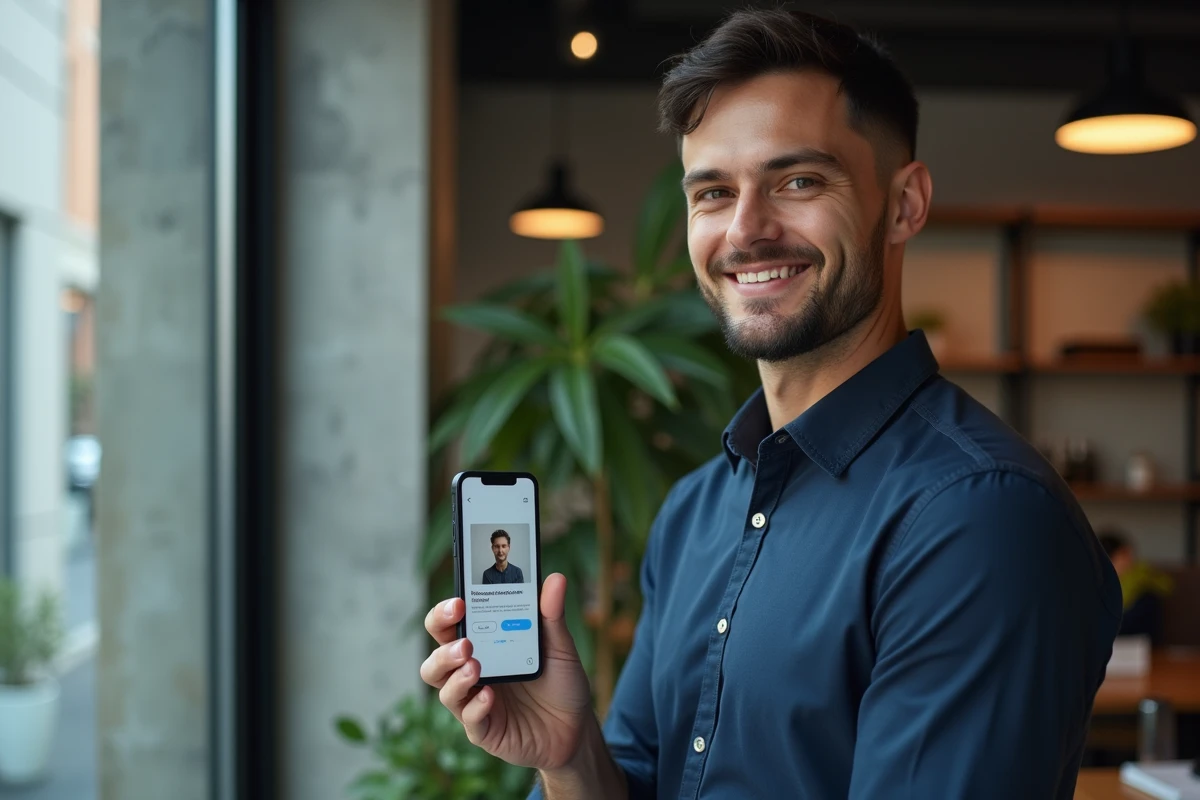 Homme consultant les liens d'hébergement d'images sur son smartphone dans un espace de coworking
