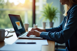 Personne travaillant sur un bureau avec enveloppe sur l'écran