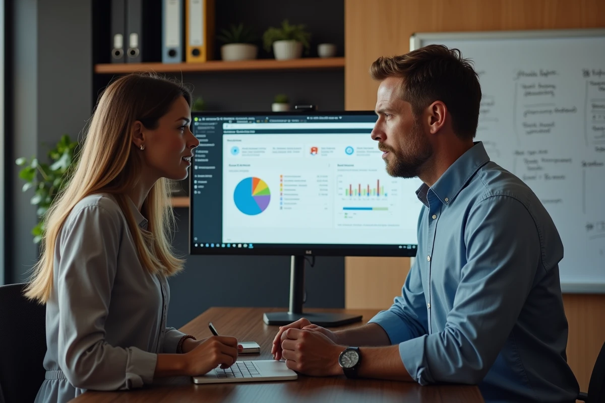 Deux professionnels de la finance analysant un problème de reporting bloqué sur Power BI au bureau