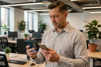 Un professionnel comparant deux smartphones double SIM à moins de 200 euros dans un bureau moderne