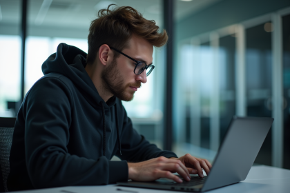 Jeune homme en hoodie travaillant sur un laptop en bureau moderne