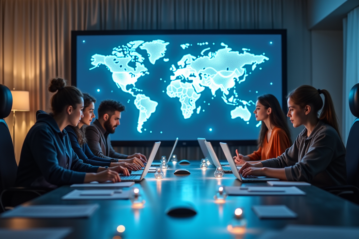 Professionnels IT collaborant autour d une table avec diagrammes cloud