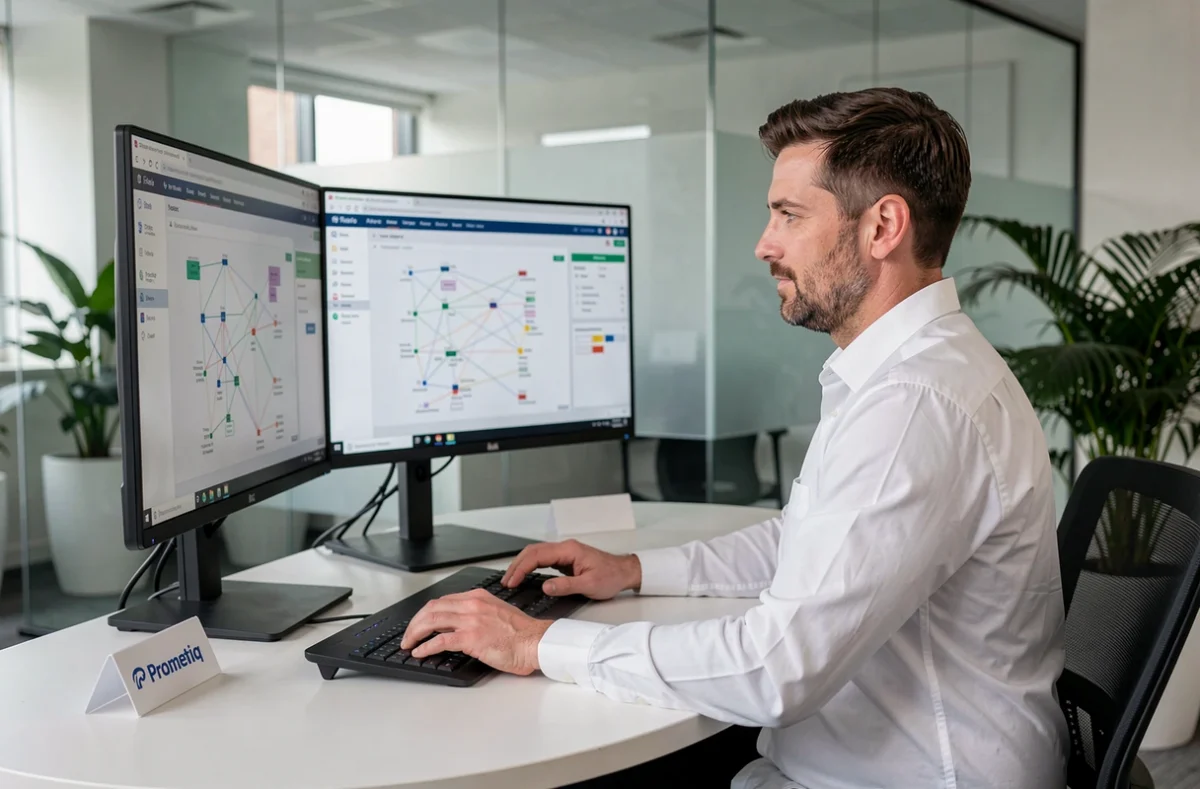 Consultant informatique de Prometiq travaillant sur une infrastructure réseau dans un bureau moderne et épuré