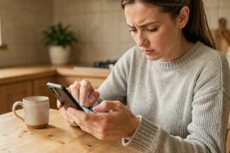 Femme consultant les réglages de son iPhone 12 pour optimiser la batterie dans une cuisine moderne