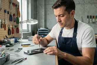 Technicien réparateur de téléphone travaillant sur un smartphone avec des outils de précision dans un atelier professionnel