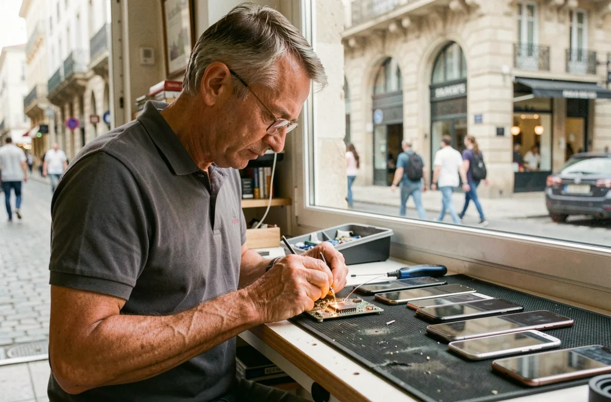 Technicien réparant un circuit de smartphone le samedi dans une boutique de réparation à Montpellier