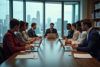 Groupe divers d'adultes en réunion de travail en entreprise