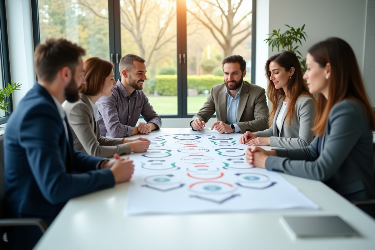 Equipe discutant d un diagramme de workflow chatbot