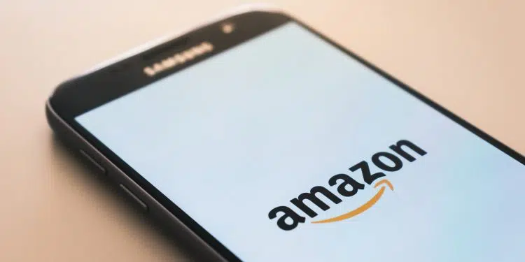 black Samsung Galaxy smartphone displaying Amazon logo