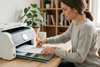 Femme plaçant un document sur le scanner d'une imprimante tout-en-un dans un bureau à domicile