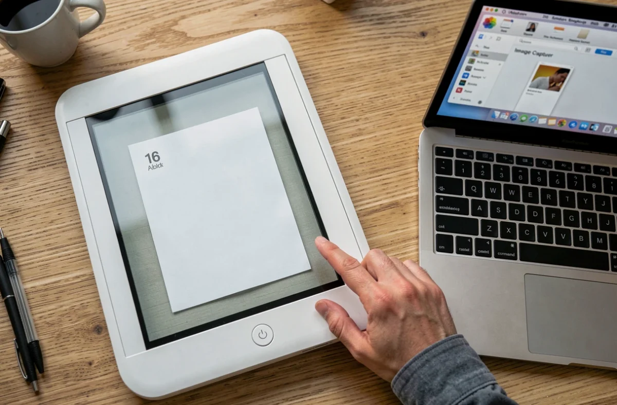 Vue de dessus d'un scanner à plat avec document et MacBook affichant l'application de numérisation macOS