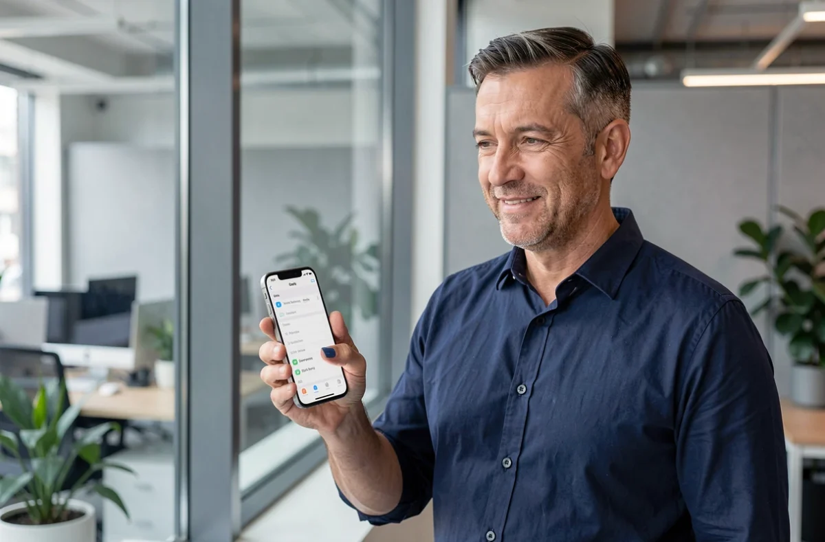 Homme d'affaires configurant les paramètres de sécurité de son iPhone 12 dans un bureau moderne