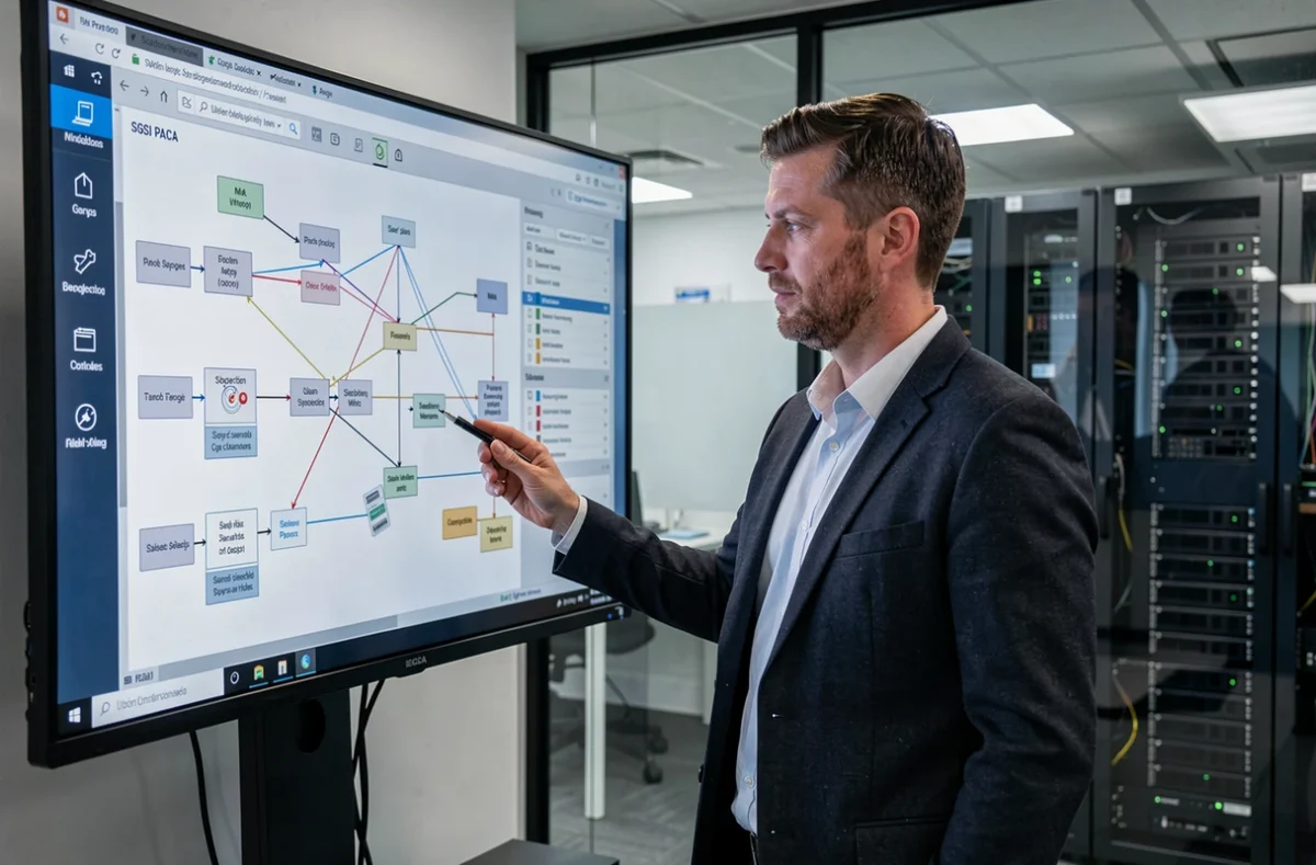 Consultant SGSI PACA analysant une infrastructure réseau dans un environnement de bureau professionnel avec salle serveurs