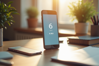 Smartphone affichant une application d'authentification sur un bureau lumineux