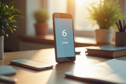 Smartphone affichant une application d'authentification sur un bureau lumineux
