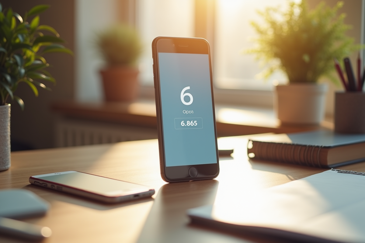 Smartphone affichant une application d'authentification sur un bureau lumineux