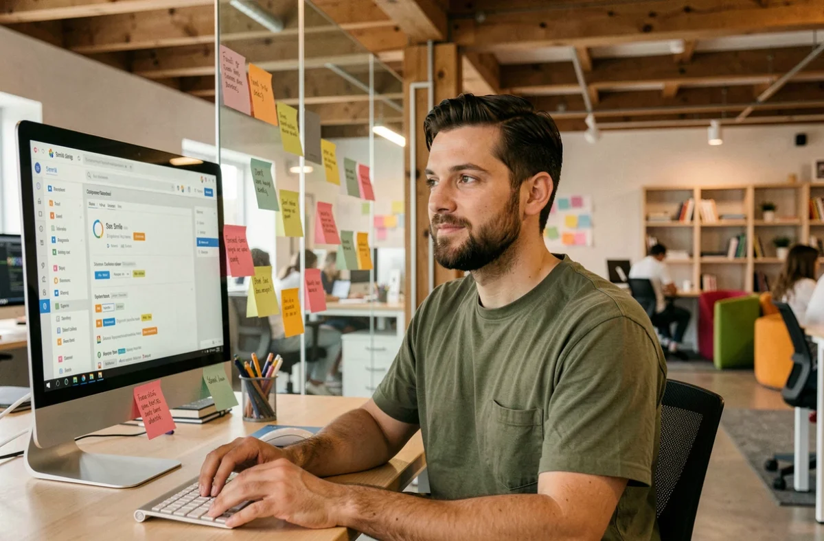Développeur open-source Smile travaillant sur une interface CMS dans un espace collaboratif créatif