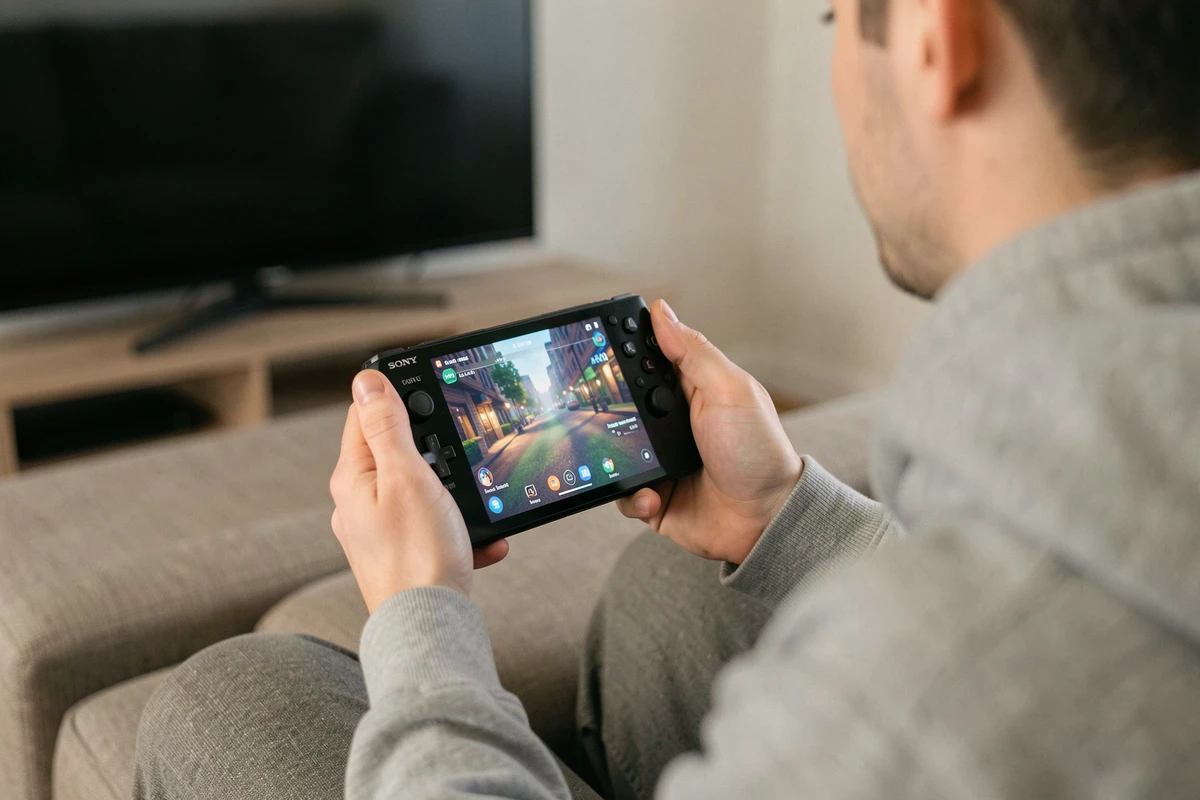 Jeune homme tenant la console portable Sony PlayStation Portal dans un salon moderne, alternative à une seconde PS5