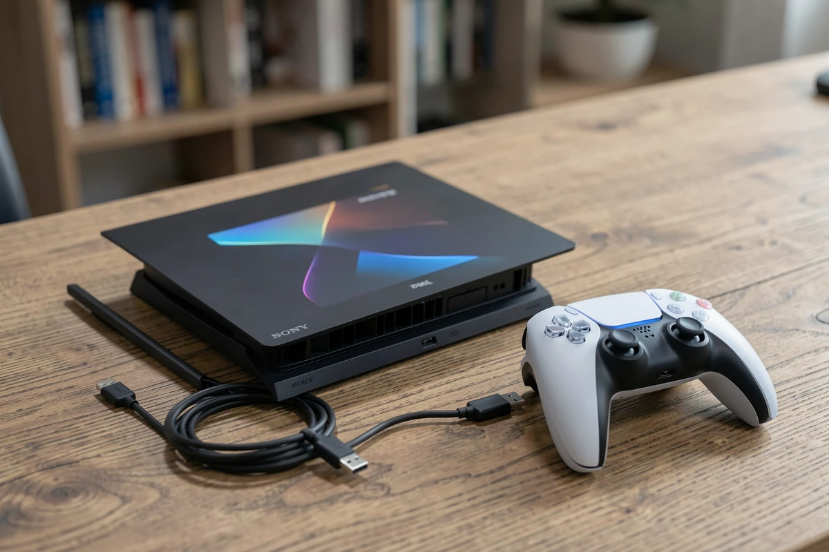 Console portable Sony PlayStation Portal posée sur un bureau en bois à côté d'une manette DualSense PS5, vue de dessus éditoriale