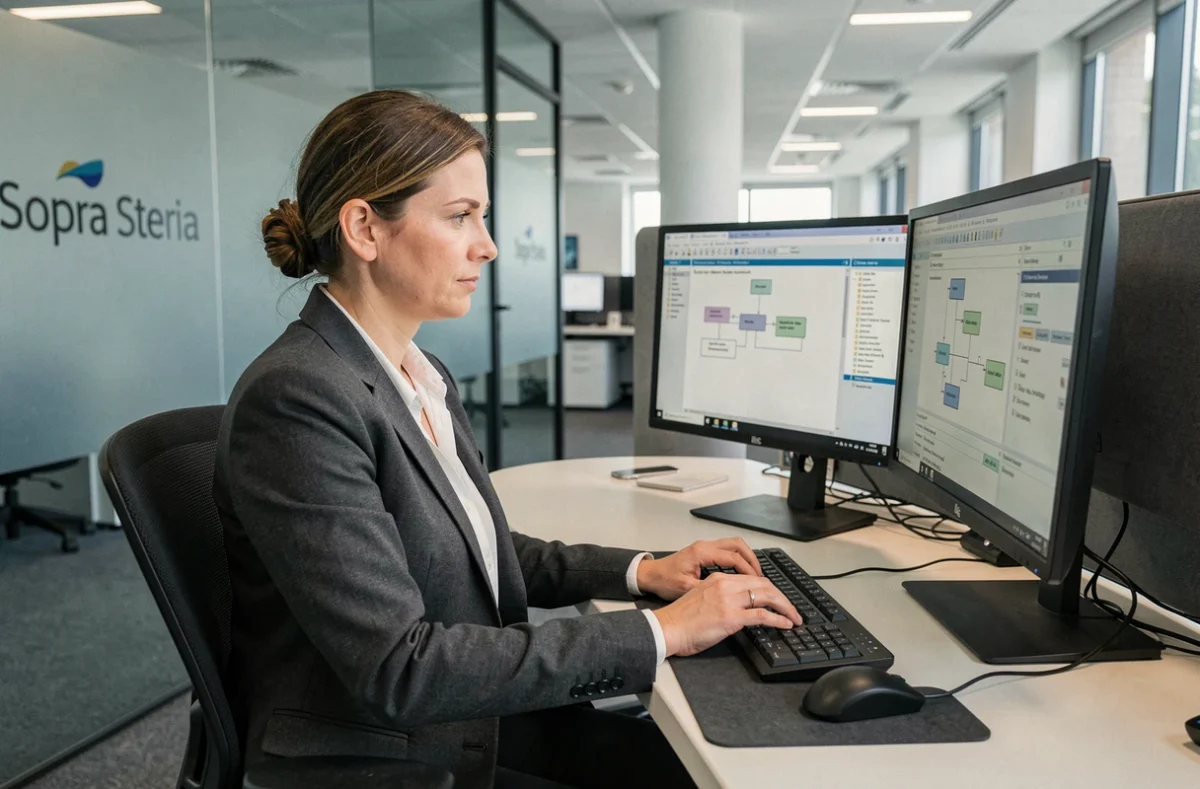 Consultante Sopra Steria analysant des documents d'architecture logicielle sur double écran dans un bureau moderne