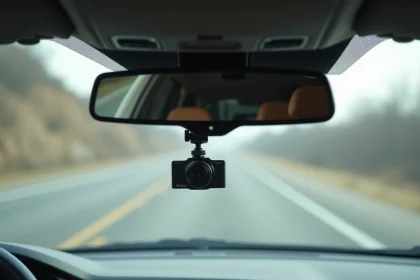 Support RAM Mount pour dashcam fixé sur pare-brise de voiture avec route dégradée visible en arrière-plan