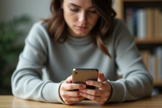 Jeune femme surlignant un message WhatsApp sur son smartphone dans un bureau minimaliste à domicile