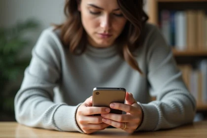 Jeune femme surlignant un message WhatsApp sur son smartphone dans un bureau minimaliste à domicile
