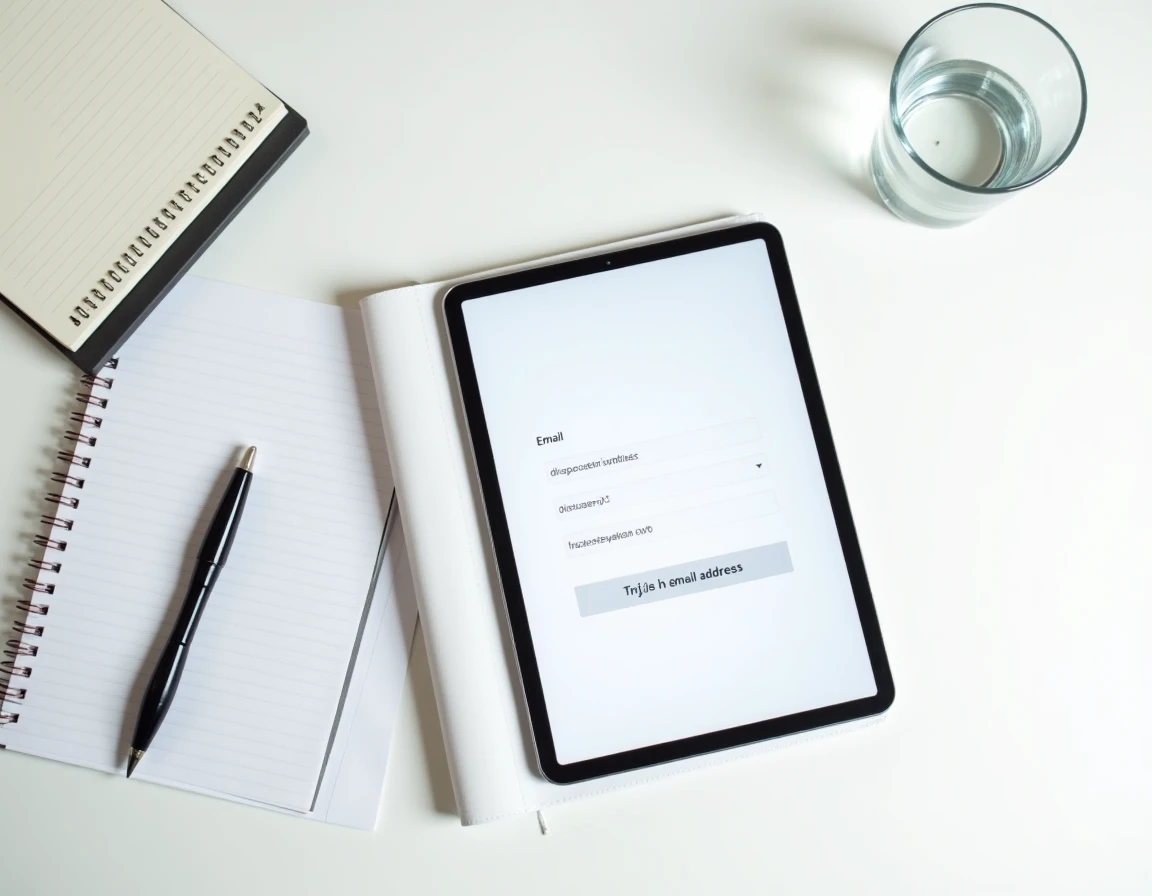 Vue aérienne d'une tablette avec un formulaire d'inscription utilisant une adresse email temporaire sur un bureau minimaliste