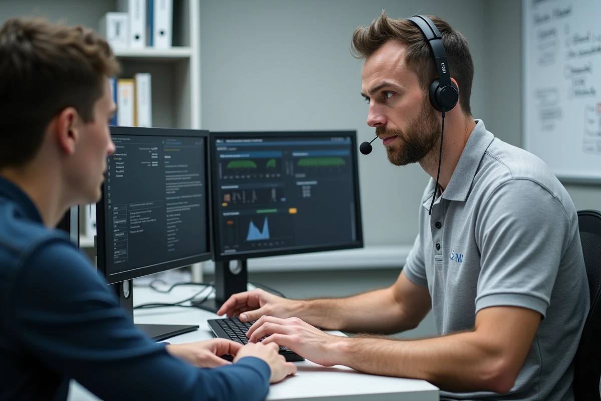 Technicien informatique universitaire assistant un étudiant à résoudre un problème de connexion sur un service en ligne