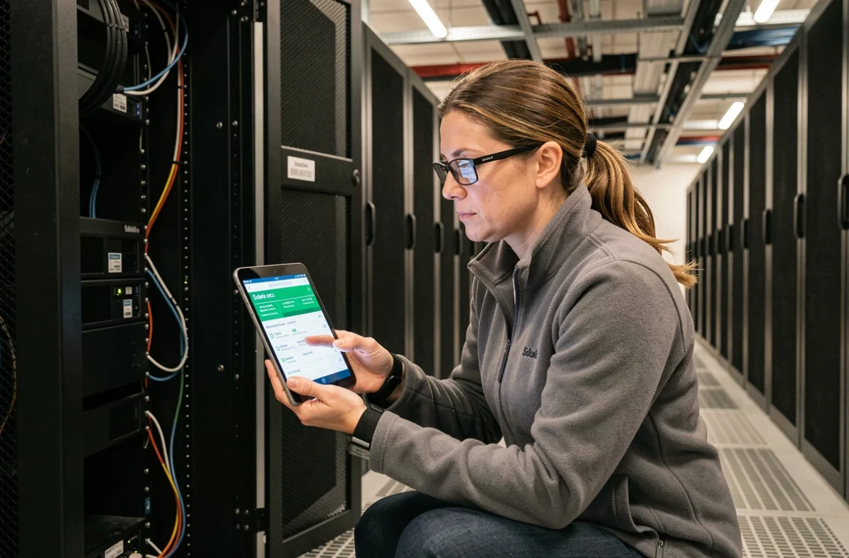 Technicienne data center consultant un diagnostic de services Solaris sur tablette dans une salle de serveurs