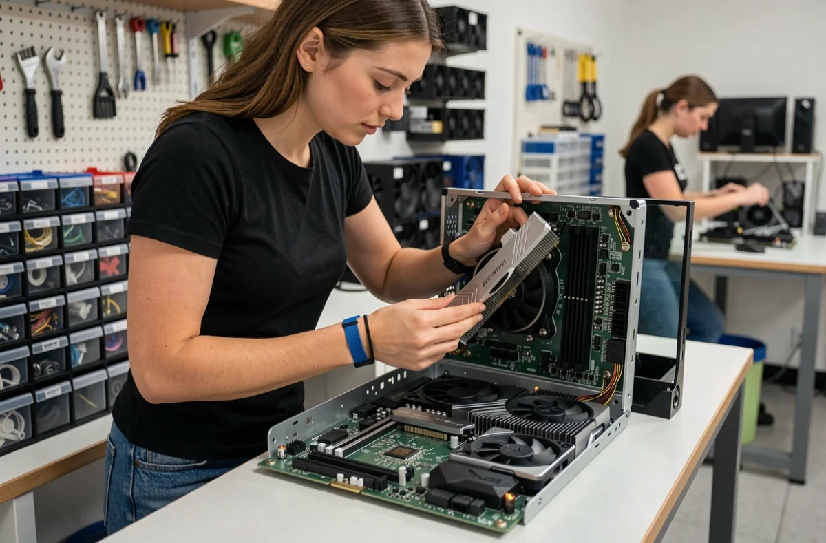 Technicienne installant une carte graphique RTX 5070 dans un PC de gaming lors d'un assemblage professionnel