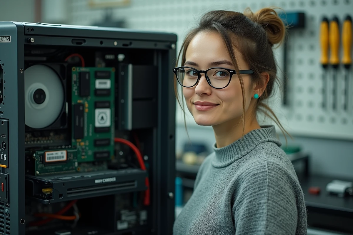 Femme technicienne inspectant les composants matériels d'un PC pour choisir entre Windows 32 et 64 bits
