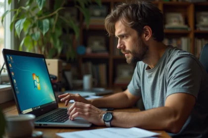 Homme installant Windows 7 sur un ancien ordinateur portable dans un bureau à domicile