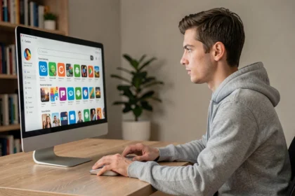 Jeune homme installant le Play Store sur PC depuis son bureau à domicile avec un grand écran affichant l'interface du store Android