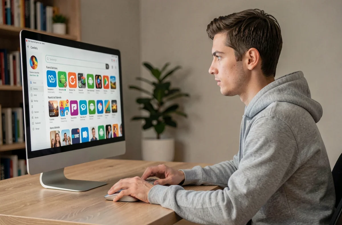 Jeune homme installant le Play Store sur PC depuis son bureau à domicile avec un grand écran affichant l'interface du store Android