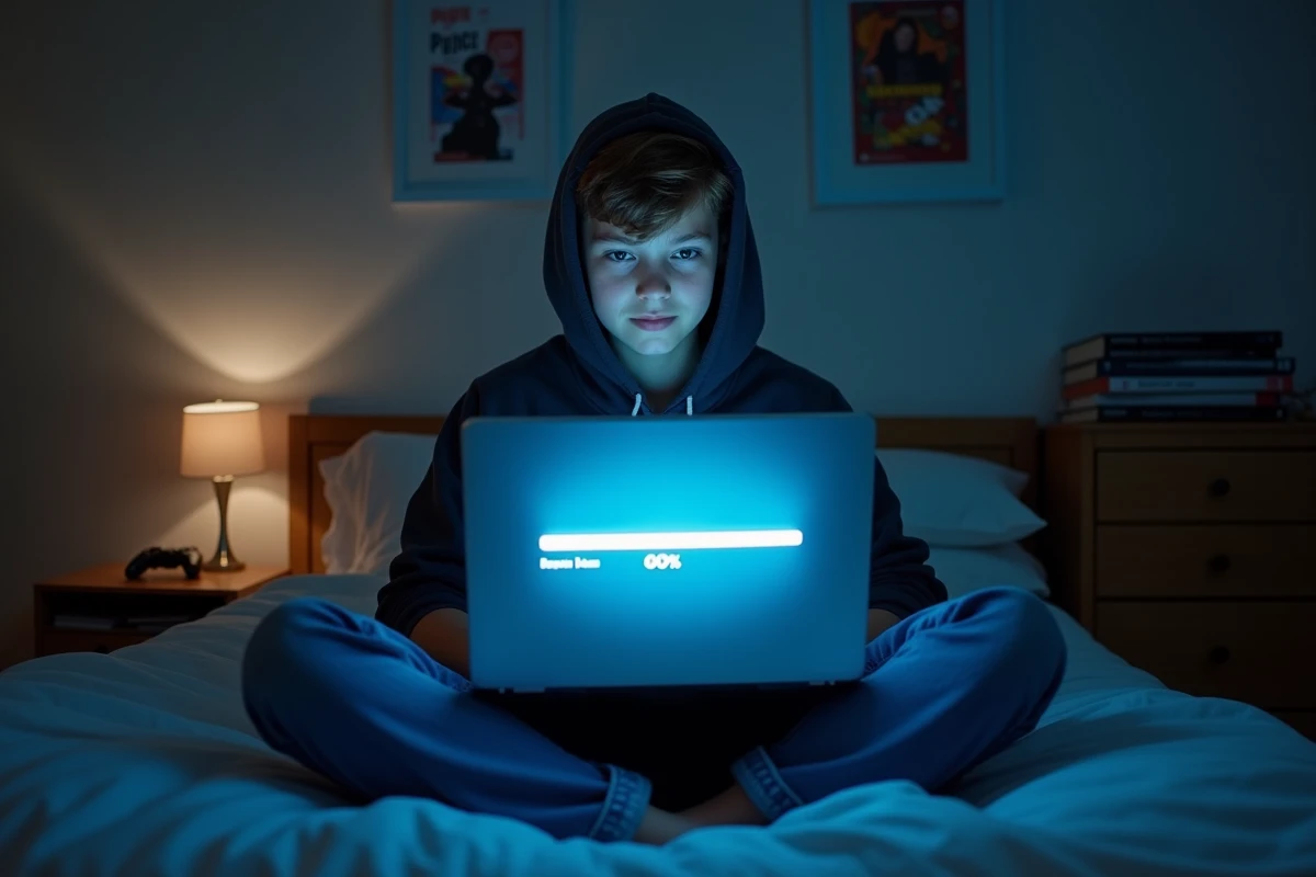Adolescent téléchargeant Windows 7 sur un ancien ordinateur portable dans sa chambre