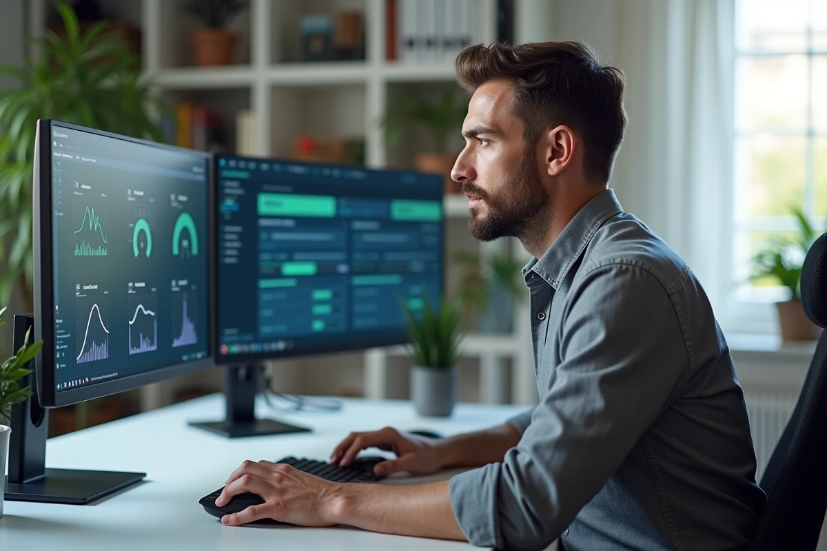 Homme en télétravail connecté au réseau VPN d'entreprise Air France depuis son bureau à domicile avec double écran