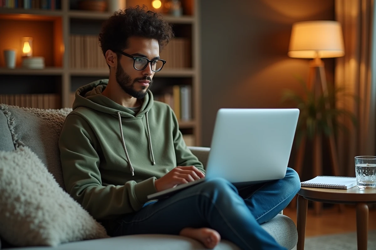 Jeune homme configurant un environnement de travail Google sur laptop depuis son salon en télétravail