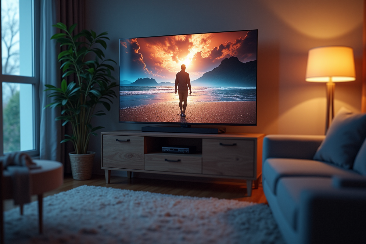 Téléviseur moderne affichant une vidéo 1080p avec pixels détaillés