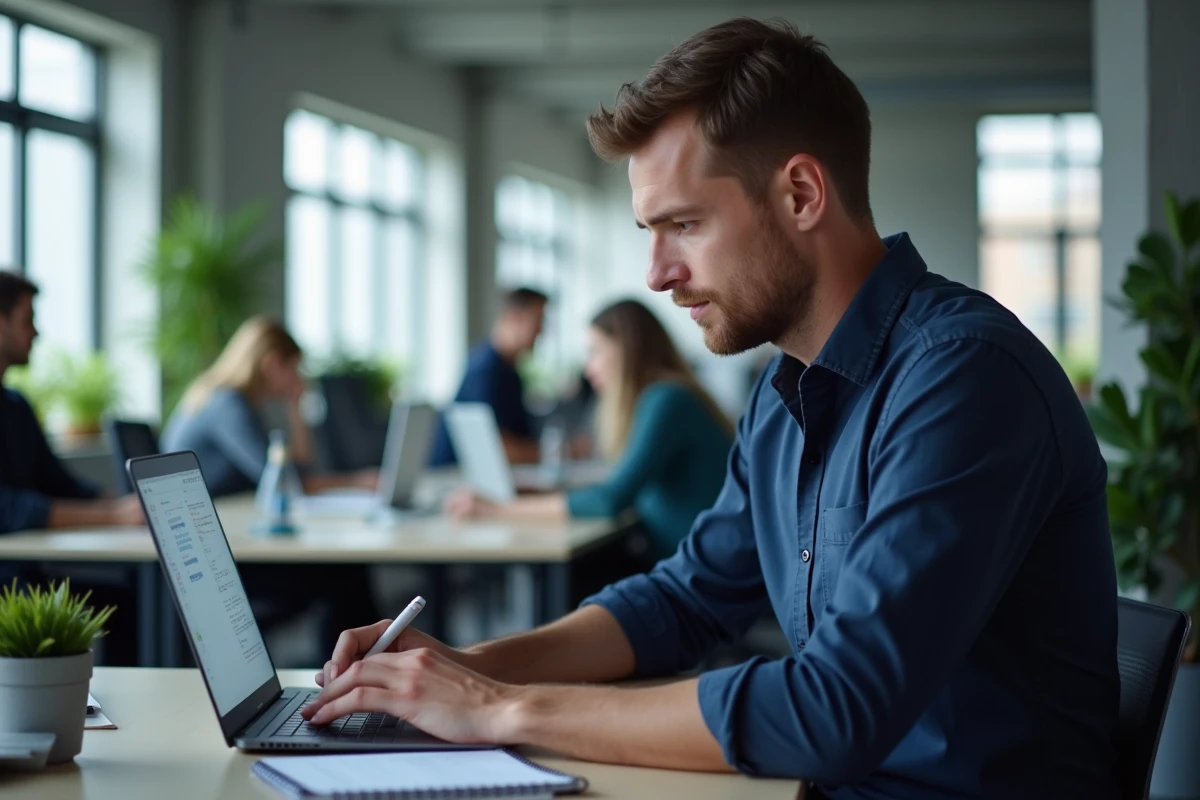 Homme en bureau professionnel moderne consultant les résultats d'un test d'écriture sur un ordinateur portable et prenant des notes dans un carnet