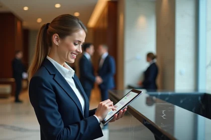 Directrice hôtelière consultant un tableau de bord numérique sur tablette dans le lobby d'un hôtel moderne, illustrant la transformation digitale dans l'hôtellerie