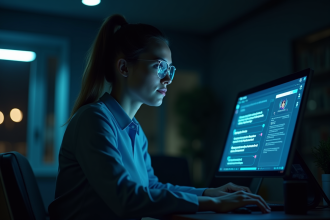 Professionnel travaillant tard avec un chatbot sur son écran