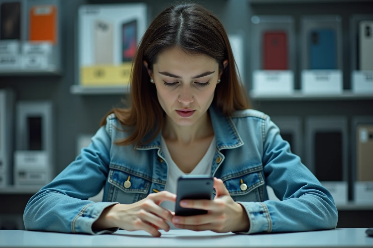 Femme vérifiant les paramètres d'un téléphone Android reconditionné dans une boutique de seconde main