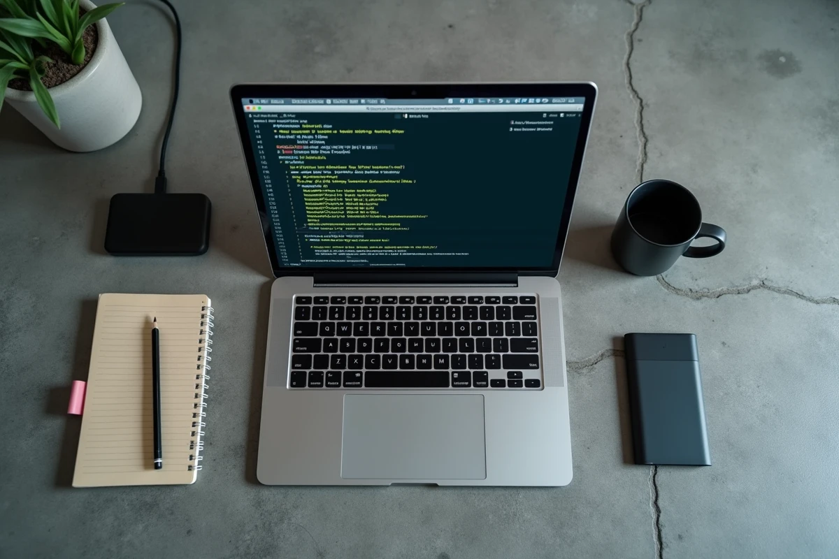 Vue de dessus d'un terminal Python avec pip install sur un bureau en béton minimaliste